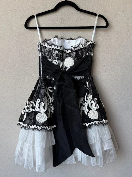 Betsey Johnson Strapless Black White Lace Tulle Mini Dress Size XS - Picture 3 of 4